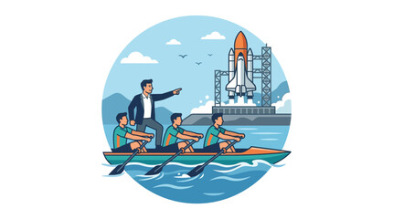 Business team rowing boat towards a space shuttle launch concept © siti