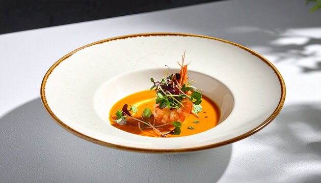 Gourmet shrimp bisque soup served in a white ceramic bowl with microgreens on textured table background