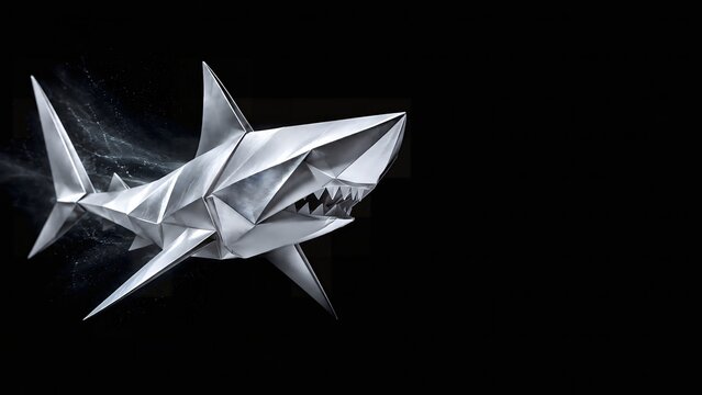 Silver origami shark with open mouth on a black background