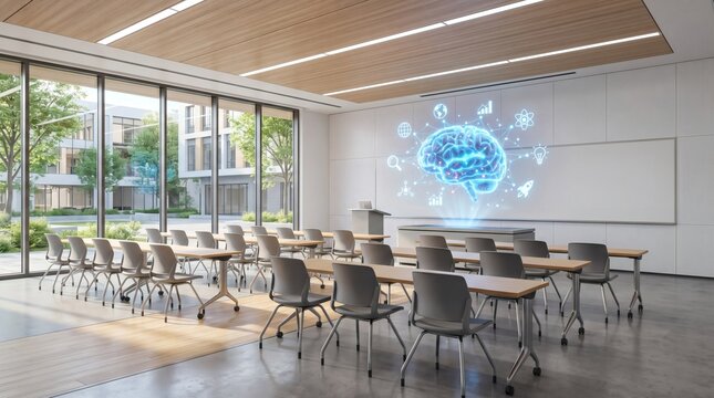 Modern classroom with a digital brain projection, showcasing advanced learning technology and a bright, spacious interior.