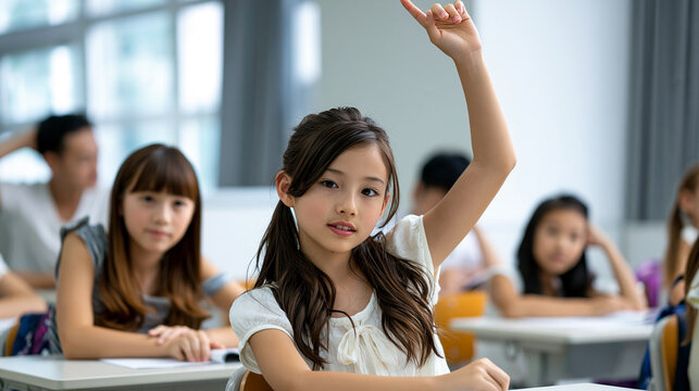 Japanese Elementary Student Raising Hand to Answer in Summer Seminar Class