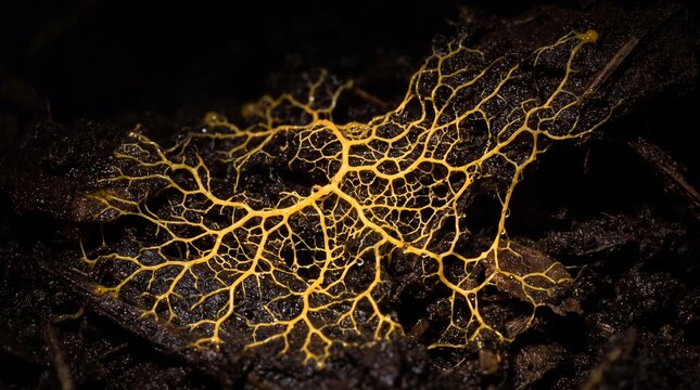 Macro Close Up of Glowing Yellow Physarum Polycephalum Slime Mold Network on Dark Background