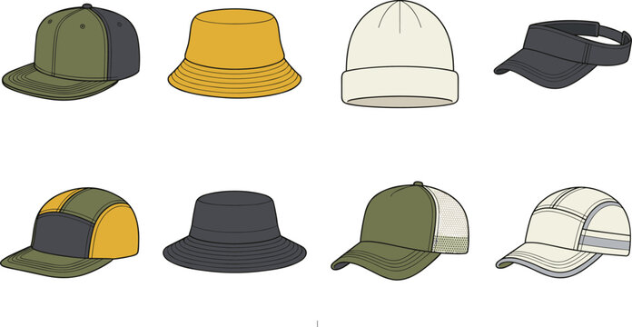 Vector illustration set of modern casual headwear icons including snapback bucket hat beanie visor cap and running panel hats isolated on white background