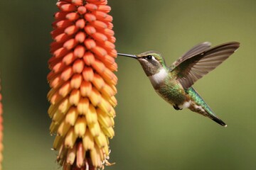 Fototapeta premium Tiny hummingbird hovers near vibrant orange torch lily flower. Small bird sips sweet nectar from colorful bloom in natural garden. Wildlife fauna in flight near flora, macro shot detail.