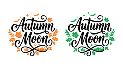 Fototapeta premium Autumn moon halloween graphic design with leaves and pumpkins