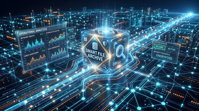 Smart file archive system with operational analytics and secure data storage, featuring a futuristic interface with glowing blue lines and various data visualization screens.