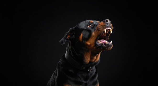 A Rottweiler baring teeth against a stark black backdrop