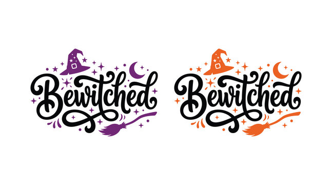 Halloween bewitched logos with witches hats and brooms for spooky decor