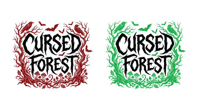Halloween cursed forest graphic designs spooky red and green vector illustrations for seasonal decor