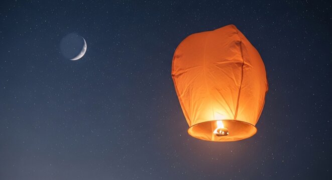 Beautiful night sky scene featuring a glowing orange sky lantern floating against a dark starry sky with a crescent moon for outdoor night festival celebration or peaceful evening ambiance