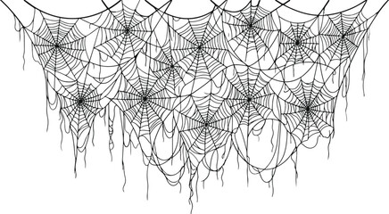 Fototapeta premium Seamless Black and White Spider Web Border Vector, Spooky Halloween Spiderweb Outline Illustration Isolated on White Background