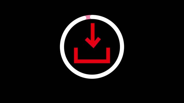 Red download icon with pink circular loading progress bar animation on black background showing digital data transfer