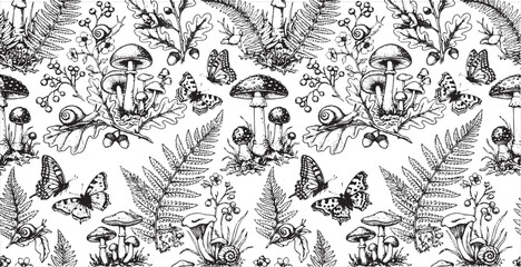 Vintage Mushroom and Butterfly Woodland Botanical Line Art Seamless Pattern © Taslima