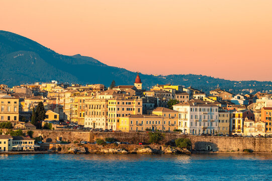 Skyline of Corfu Old Town in Greece at Golden Hour. Panoramic View.