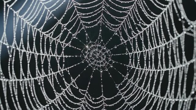 Macro view of a spider web covered in sparkling dew drops, showcasing its delicate, intricate pattern against a dark, blurry background.