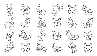 Fototapeta premium ant, ants, doodle, handdrawn, outline, sketch, insect, bug, arthropod, antenna, crawling, colony, worker, vector, illustration, cute, cartoon, playful, nature, biology, clipart, collection, set, isola