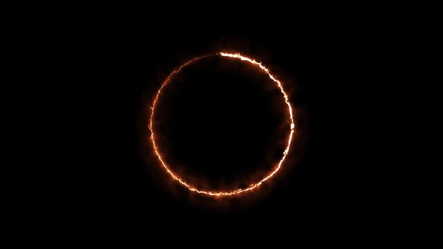 Glowing orange fire circle outline rotating on black background dynamic motion abstract background