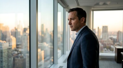 Fototapeta premium Businessman looking through window at city skyline during sunset.
