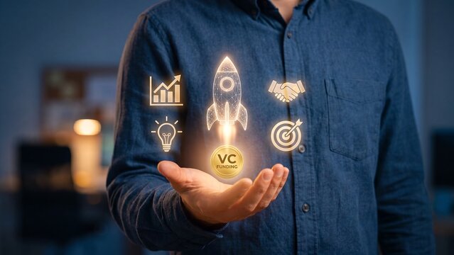 Man holding a glowing wireframe rocket launching above a golden VC funding coin with chart handshake lightbulb and target icons representing venture capital startup investment