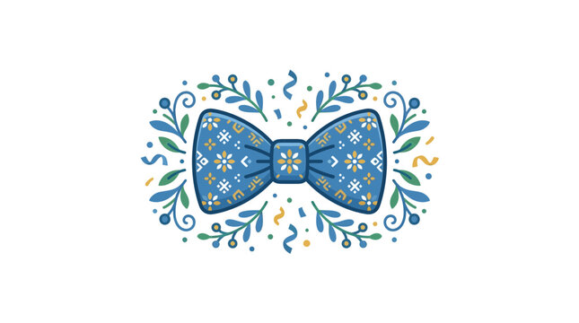 Decorative Blue Bow Tie with Floral Pattern and Confetti