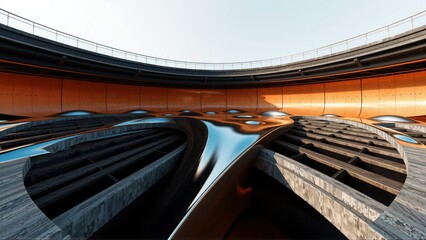Fototapeta premium Futuristic tunnel design. Orange walls contrast dark floor. Dramatic perspective creates dynamic visual impact. Minimalist aesthetic.