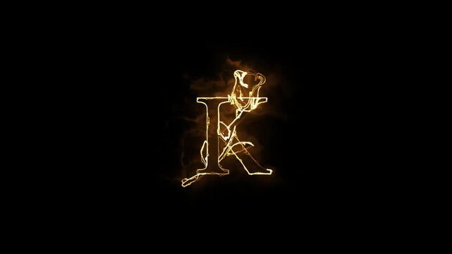 Fiery animated letter K with rose motif, elegant and glowing on black background
