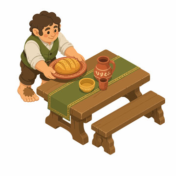Isometric vector illustration of a fantasy halfling character with hairy feet placing a loaf of fresh bread on a rustic wooden table with a green runner, ceramic pitcher, and bowl.