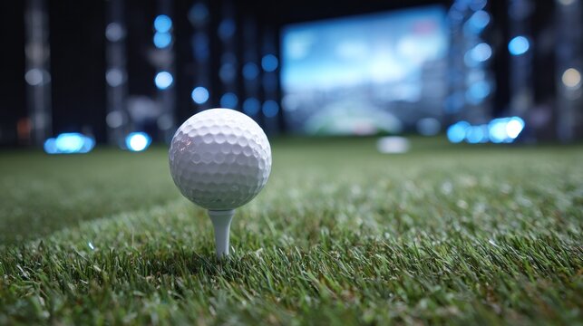 Golf ball on tee at driving range with screen display