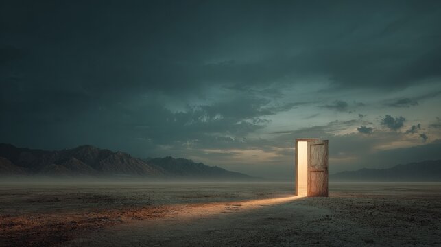 Open door in desert landscape with dramatic sky