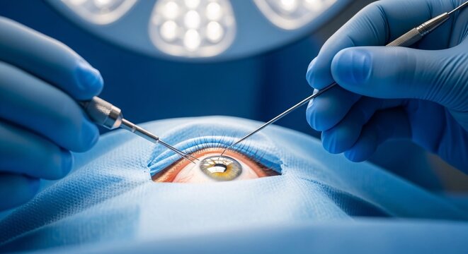 Close-up of a surgeon performing eye surgery with precision instruments in a sterile operating room environment for medical treatment and healthcare services