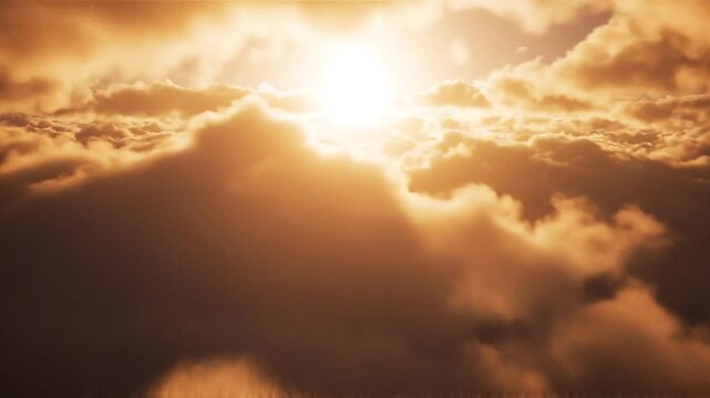 Aerial view of a golden sunrise shining through dense cloud layers in the sky