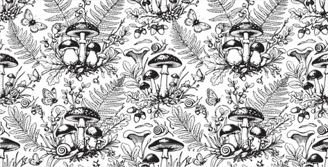 Vintage Botanical Mushroom and Fern Leaf Vintage Line Art Seamless Pattern © Taslima