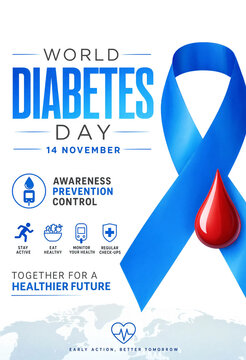 World Diabetes Day awareness poster with blue ribbon and red blood drop symbol  health campaign
