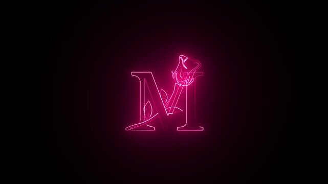 Neon pink letter m with blooming rose animation on black background flickering glowing outline font style