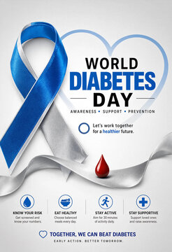 World Diabetes Day awareness poster with blue ribbon and heart symbol  promoting health and prevention