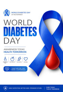 World Diabetes Day awareness poster with blue ribbon and red blood drop symbol