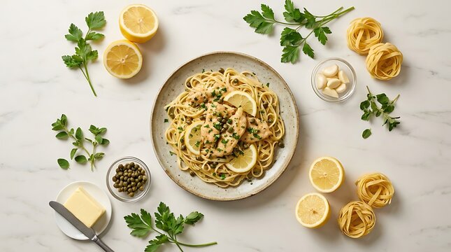 A delicious gourmet plate of chicken piccata pasta with lemon, capers, and herbs arranged with fresh ingredients on a white marble background top view