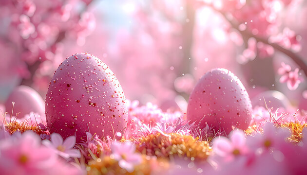 two pink easter eggs with glitter on them, sitting in pink flowers and grass, bright sunny day