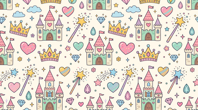 Colorful princess theme seamless pattern with castles and magic wands