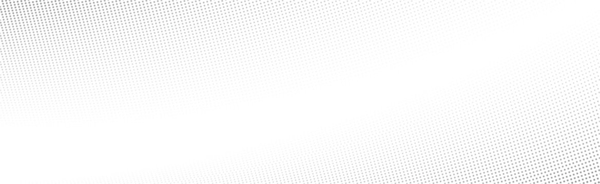 Panoramic white and gray abstract halftone diagonal dots banner background.