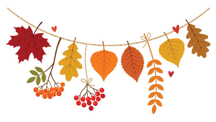 Colorful autumn leaves and berries hanging on a string garland decoration for fall season celebration and festive home decor © azad