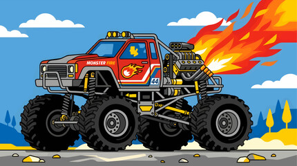 Red Flat Vector Monster Truck with Flames Emitting from Engine, Side View, on a Dusty Road with Blue Sky and Clouds, Graphic Illustration © Sugiarto
