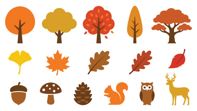 Set of colorful autumn trees leaves and forest animals including a deer squirrel and owl in flat vector illustration style