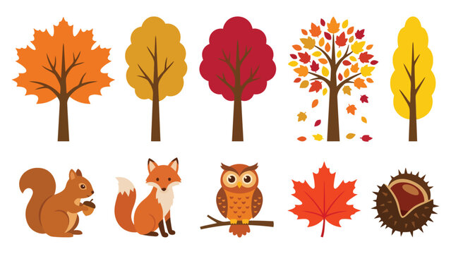 Set of colorful autumn trees with cute forest animals like a squirrel fox and owl plus fall maple leaves and chestnut icons