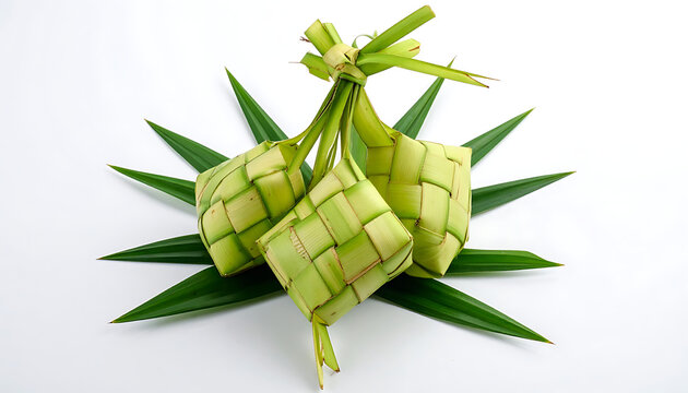 Three diamond shaped woven ketupat dumplings made from palm leaves, traditional Southeast Asian cuisine, arranged on pandan leaves with a white background