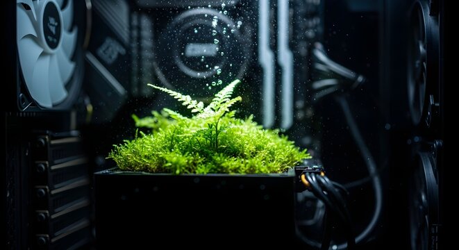 Lush green moss and ferns growing inside a desktop computer case with floating water droplets in dark lighting