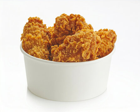 A white paper bucket filled with golden-brown, extra crispy fried chicken pieces, isolated on a plain white background. Perfect for fast food takeout menus.