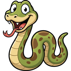 Naklejka premium A cartoon green snake with brown spots smiles and sticks out its tongue.