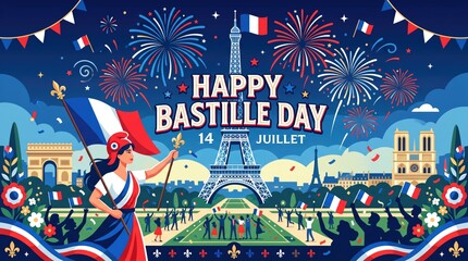 Happy Bastille Day greeting with French flag and Eiffel Tower, 14 Juillet national holiday celebration, festive fireworks over Paris landmarks