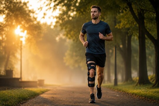 Adaptive Runner with Leg Brace Jogging Through Misty Park at Dawn